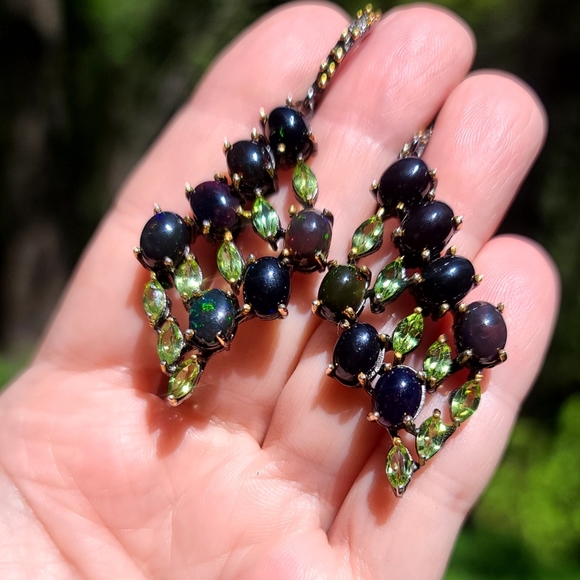 Black Opal & Peridot sterling & Rhodium chandelier earrings - Picture 7 of 13